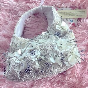 New Elegant White Floral Beaded Embellished Mini Bag Handmade In India